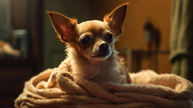 Een chihuahua zit in een mand met een dekentje erop.