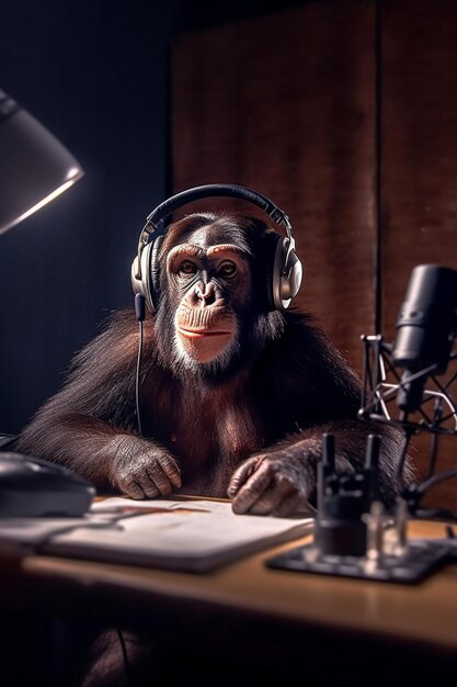 Een chimpansee die deelneemt aan een live podcast