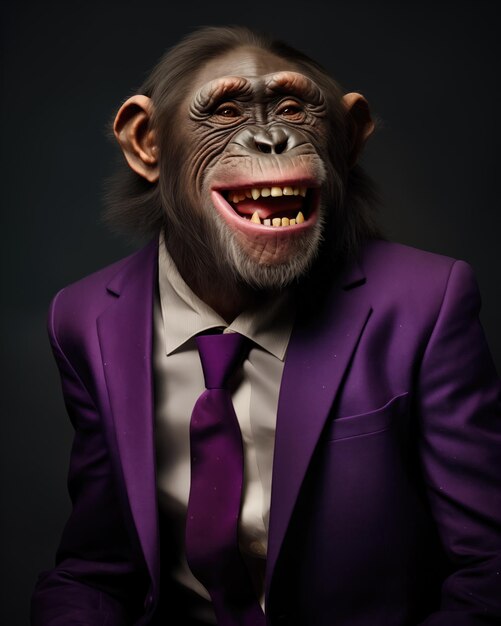 Een chimpansee die een elegant paars pak draagt en lacht