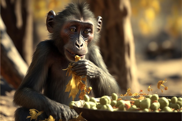 Een chimpansee eet fruit in een bos.