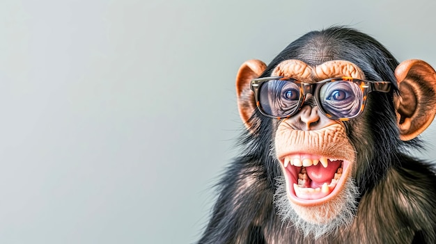 Een chimpansee met een bril maakt een grappige kopie van het gezicht