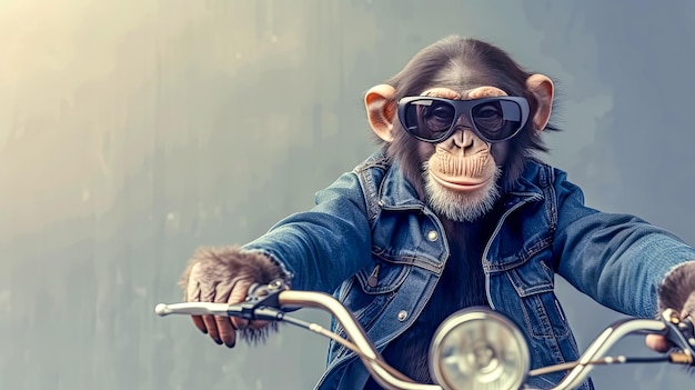 Een chimpansee met een denimjas en een beschermbril rijdt op een motorfiets.