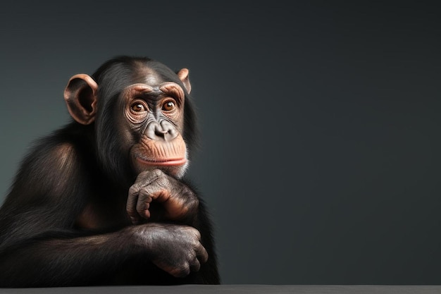 een chimpansee met een donkere achtergrond