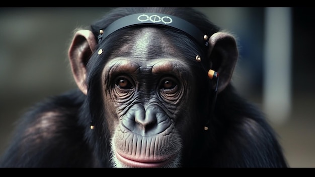 Een chimpansee met een hoofdband met het woord audi erop.