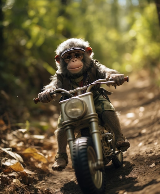 een chimpansee op een minibike die door een bos rijdt