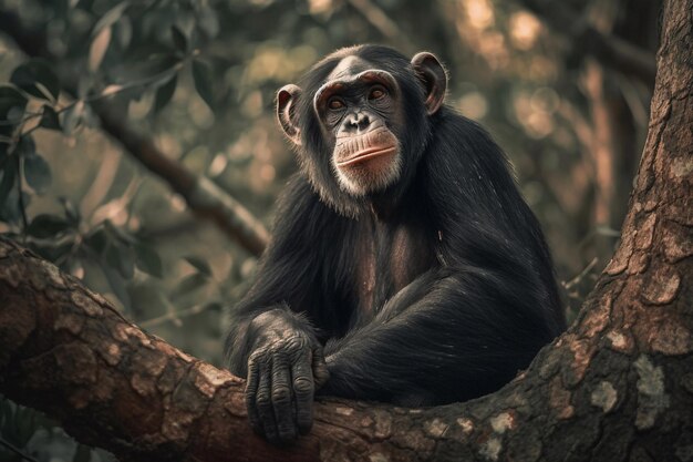 Een chimpansee zit op een boomtak in een jungle.