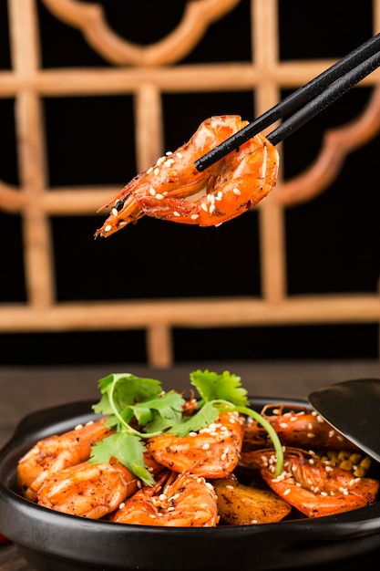 Een Chinees gerecht Griddle Shrimpdry pot garnalen