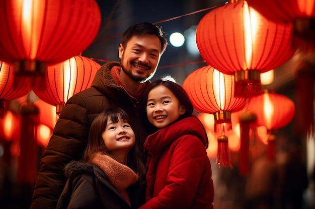 een Chinees gezin neemt een foto met rode Chinese lantaarns bij het Chinese lantaarns festival bokeh stijl achtergrond