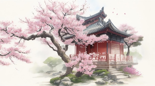 Een Chinees huis met een bloeiende boom in aquarelinktstijl