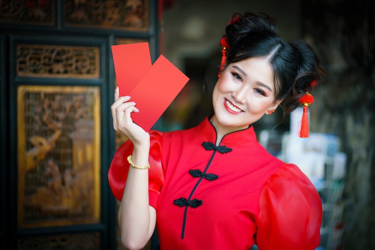 Foto een chinees meisje in een rode jurk houdt een qipao envelop vast.