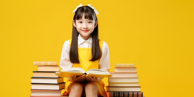 Een Chinese basisschoolleerling zit achter een stapel boeken en poseert tegen een gele achtergrond