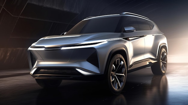 Een Chinese EV SUV schets rendering beschikt over een schone voorkant gezichts- en zilveren carrosserie kleur