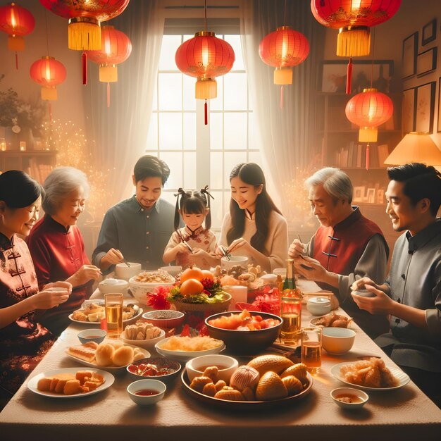 Foto een chinese familie die thuis viert.