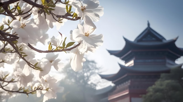 Een Chinese pagode wordt omlijst door een boom met op de achtergrond een chinese pagode.