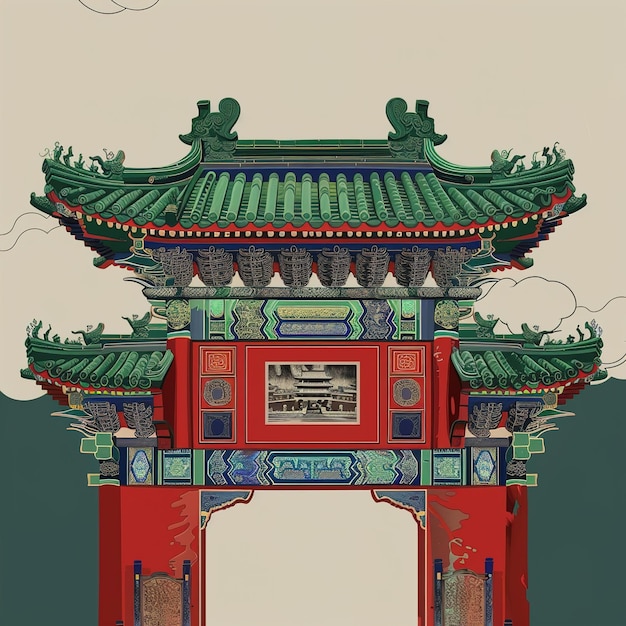 een Chinese poort met een teken dat het woord erop zegt