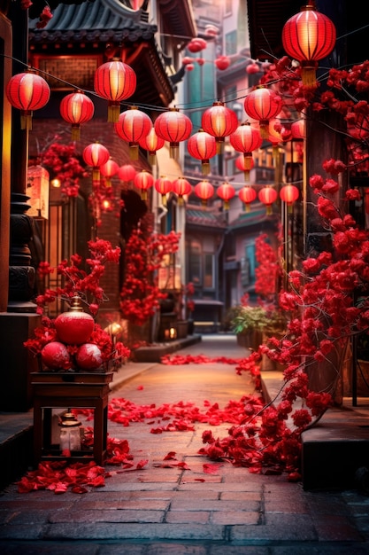 Een Chinese straat versierd met feestelijke decoraties, rode lantaarns en bloeiende pruimenbloesems