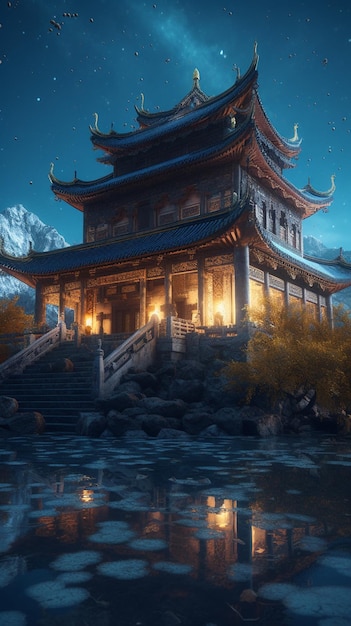 Een Chinese tempel in de nacht