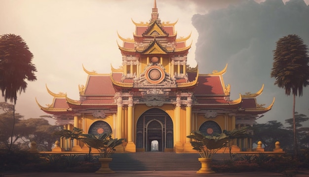 Een Chinese tempel met een bewolkte lucht op de achtergrond