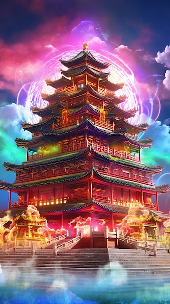 Een Chinese tempel met een kleurrijke hemelachtergrond
