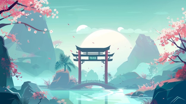 Een Chinese tuinlandschap illustratie met een Aziatische poort een rivier bergen en een palm bloesem boom in een klassieke luxe oosterse stijl