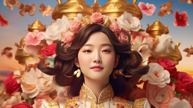 Een chinese vrouw in een gouden jurk met bloemen op de voorkant.