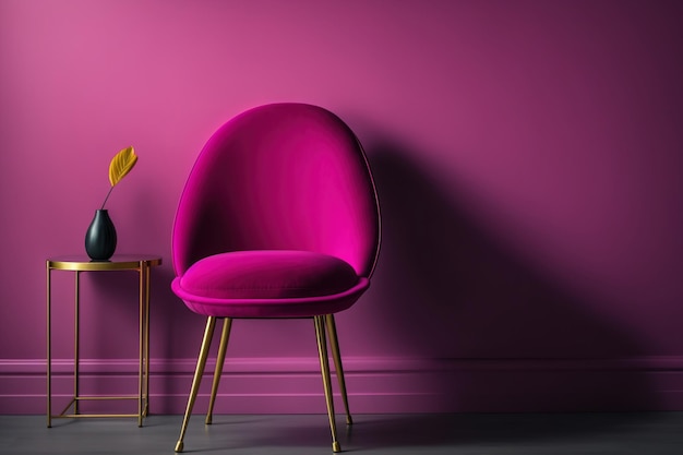 Een chique designstoel leunt tegen een blinde muur Toning in Viva Magenta vanuit een stoel trendy 2023 innovatief design superieure foto