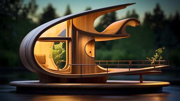 Een chique houten vogelhuisje met gebogen dak en stijlvolle accenten
