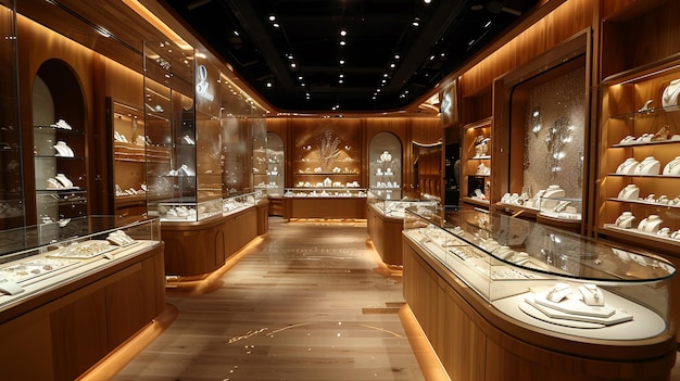 Een chique juwelierswinkel met kostbare edelstenen in elegante wanorde.