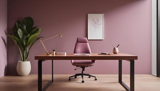 een chique kantoorruimte met mauvekleurige wandpanelen en een slanke houten bureau met een minimalistische