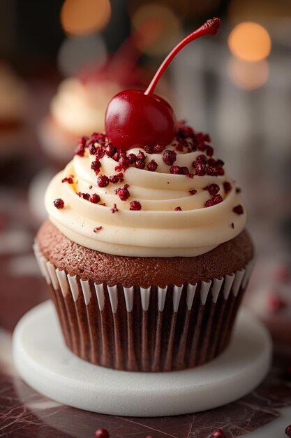 Een chocolade cupcake met botercrème besprenkels en kers op de top op een witte stand op een marmeren tafel