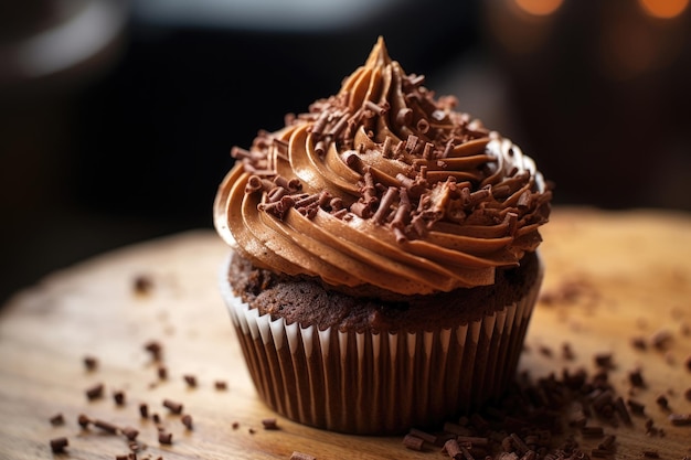 Een chocolade cupcake met chocoladeroom en chocoladeschilfers staat op een houten tafel