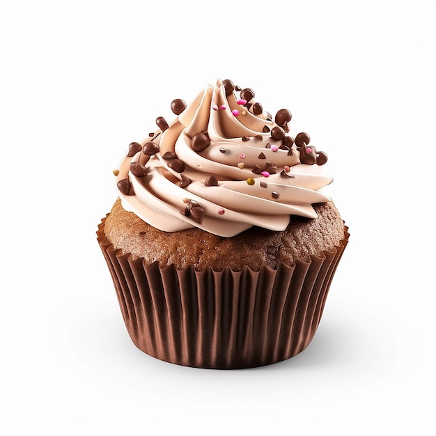 Een chocolade cupcake met een swirl van chocoladeglazuur en hagelslag bovenop.