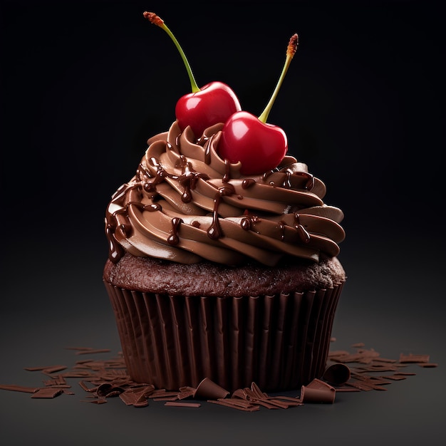 een chocolade cupcake met kers op een heldere achtergrond