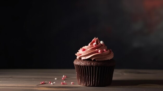 Een chocolade cupcake met roze glazuur en hagelslag op een houten tafel.