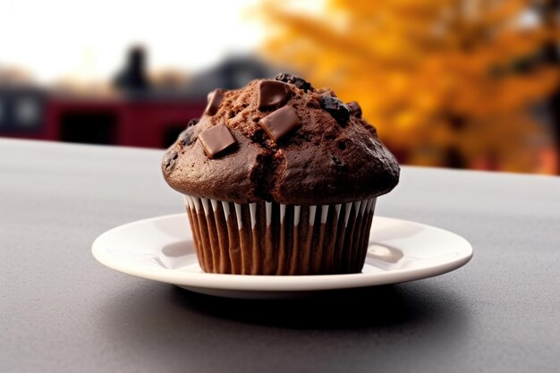 Een chocolade cupcake te midden van het herfstlandschap