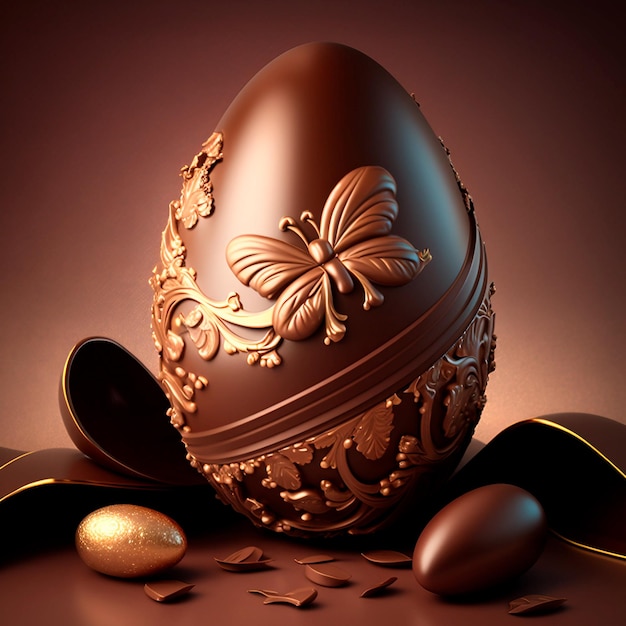 Een chocolade-ei met een vlinder erop wordt omringd door gouden eieren.
