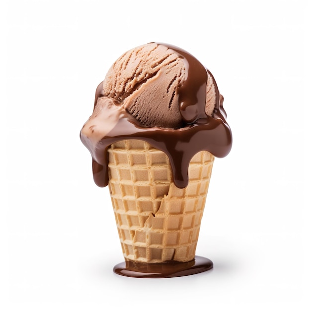 Een chocolade-ijshoorntje met chocoladesaus en een strooi chocolade erop.