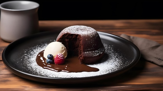 Een chocolade lava cake met vanille-ijs en bessen op een bord.