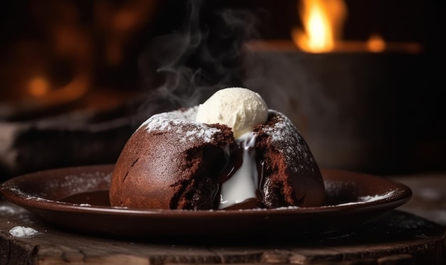 Een chocolade lavacake met vanille-ijs erop.