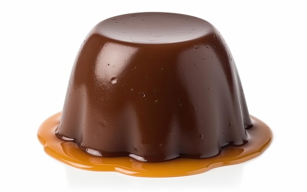 Foto een chocolade pudding met karamel saus op een witte achtergrond