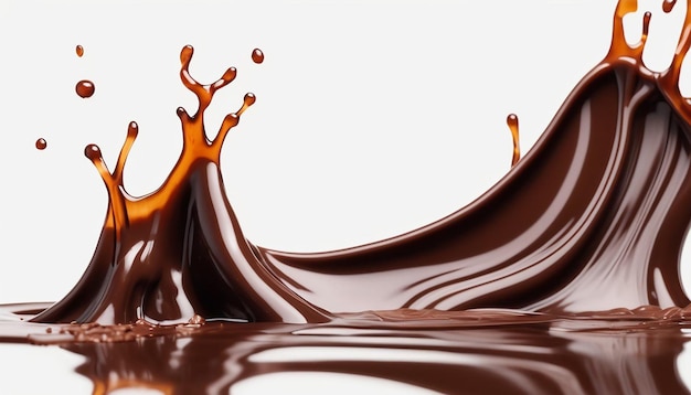 een chocolade splash is over een witte achtergrond met chocolade uitstortend