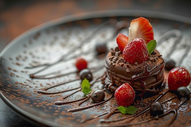 een chocolade taart met chocolade glazuur en aardbeien erop