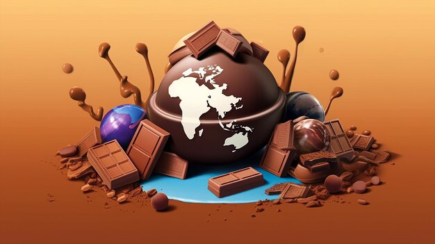 Een chocoladebol is omgeven door chocoladerepen en chocolaatjes.