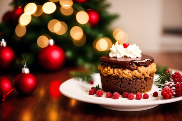 Een chocoladedessert met een rode bes erop zit voor een kerstboom.