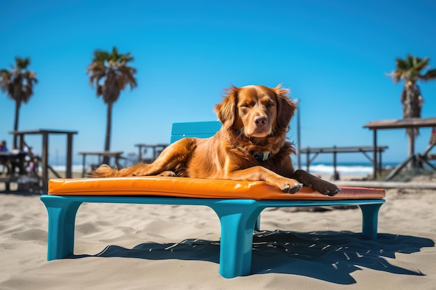 een chocoladekleurige hond die op een koningsblauwe parkstoel ligt te dommelen