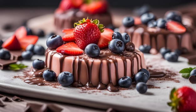 een chocoladekoek met aardbeien en chocolade glazuur