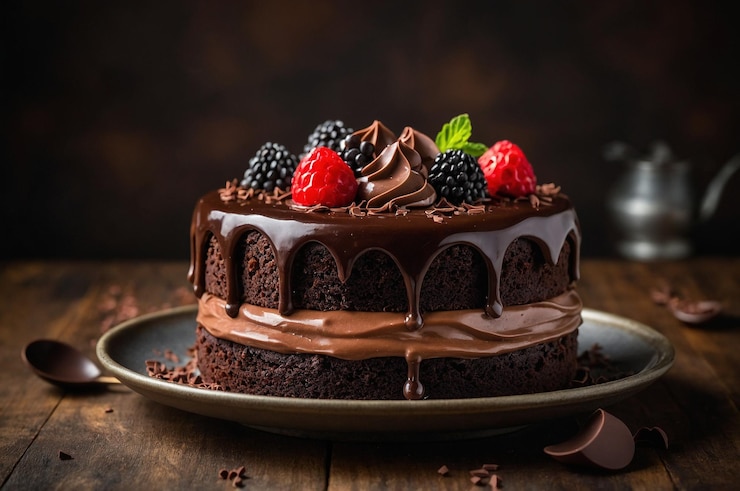 Foto een chocoladekoek met frambozen en chocolade glazuur
