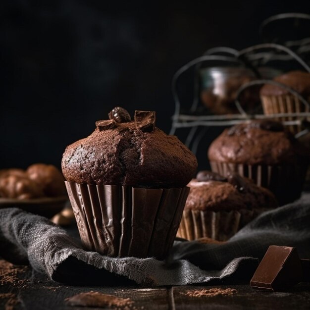 Een chocolademuffin met daarop een chocolate chip cookie