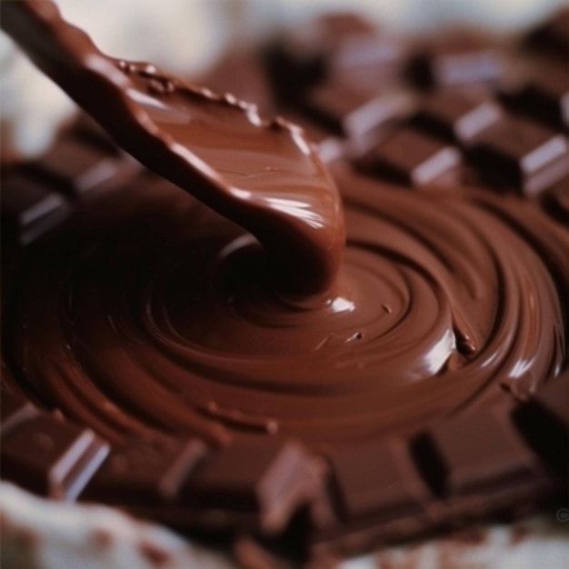 Een chocoladereep wordt in een kom gegoten.