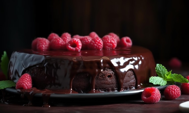 Een chocoladetaart met frambozen bovenop en een bord met frambozen aan de zijkant.